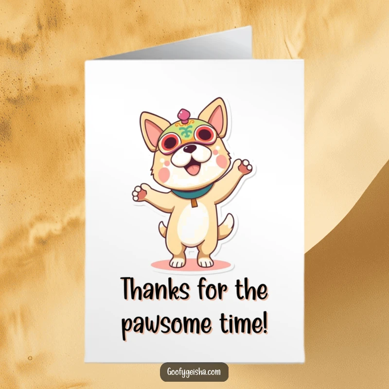 Funny Free Printable Thank You Card: A happy dog wearing a festive mask, dancing enthusiastically to express sincere thanks.