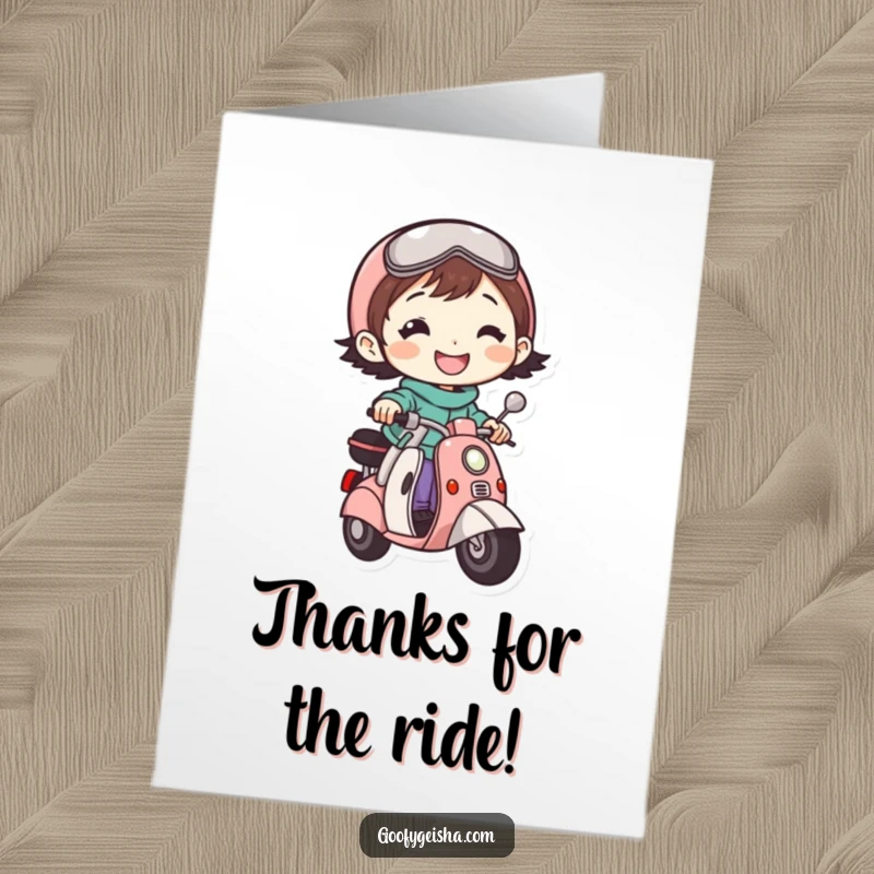 Funny Free Printable Thank You Card: Grinning character on a scooter delivering a quick and cheerful thank you.