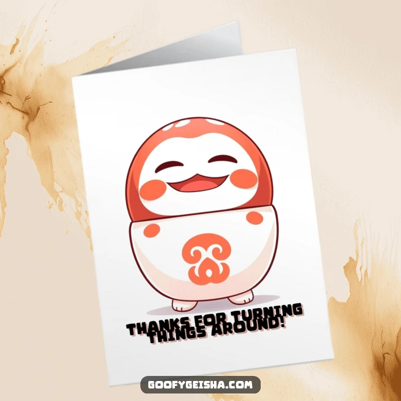 Funny Free Printable Thank You Card: A cute Daruma doll character balances perfectly on its head with a big, cheerful grin. Downloadable thanks!