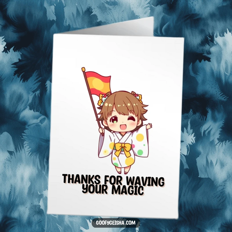Funny Free Printable Thank You Card: Character in kimono excitedly waves a colorful flag. A cheerful downloadable greeting.