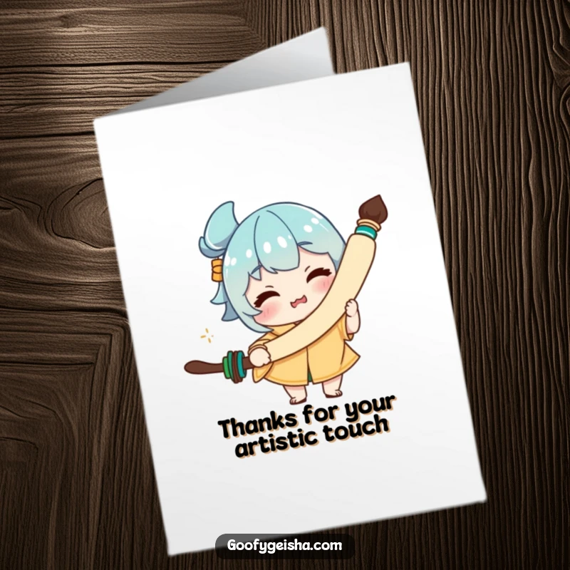 Funny free printable thank you card showing a character making a goofy face with a giant calligraphy brush. Appreciate them with humor.