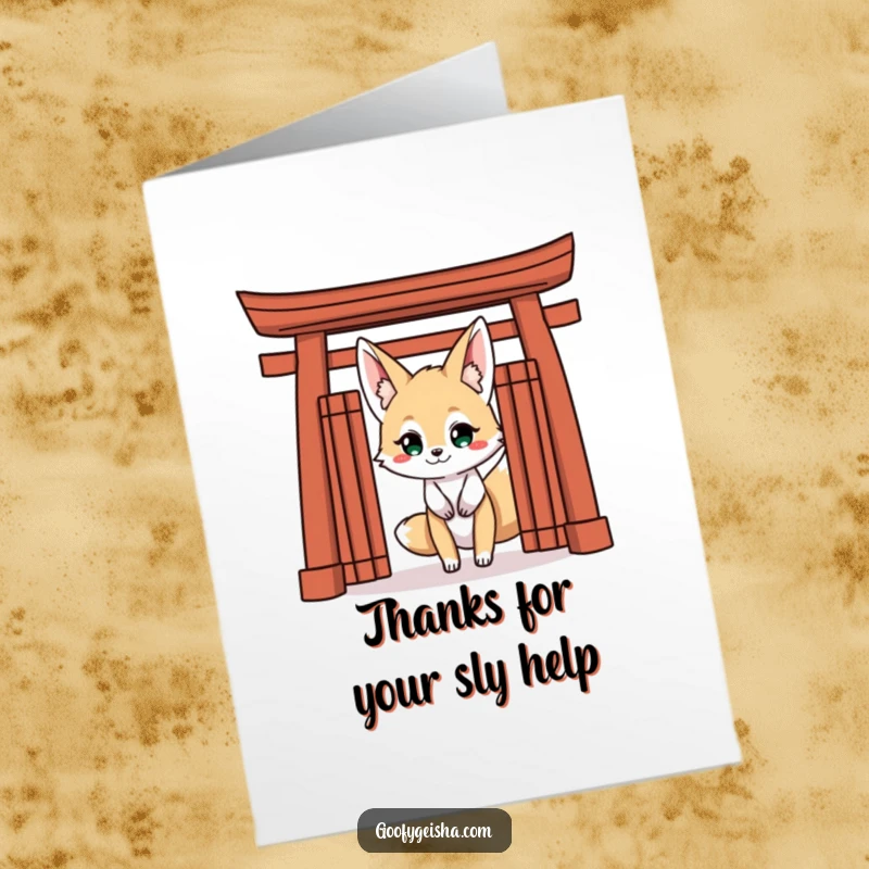 Funny Free Printable Thank You Card showing a sly Kitsune fox peeking from behind a Torii gate, offering a mischievous grin.