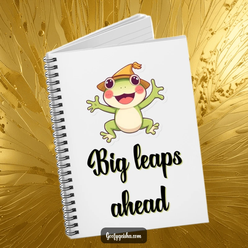 Funny frog notebook featuring a cheerful character jumping, ideal for jotting down notes and doodles. A fun and inspiring journal.