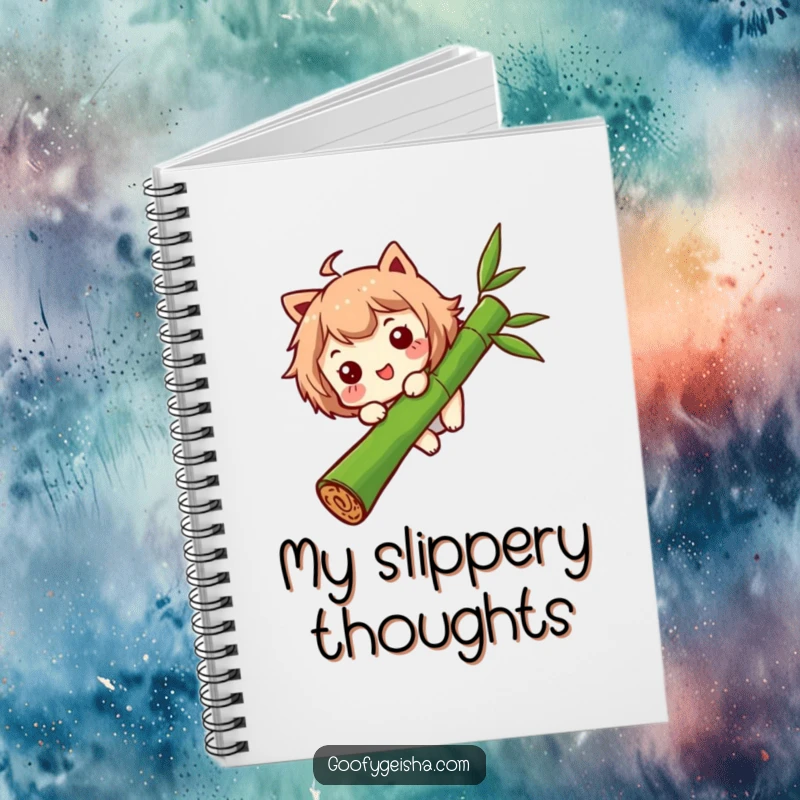 Funny notebook cover with a character with a funny expression sliding down a bamboo stalk, ideal for jotting down humorous ideas.