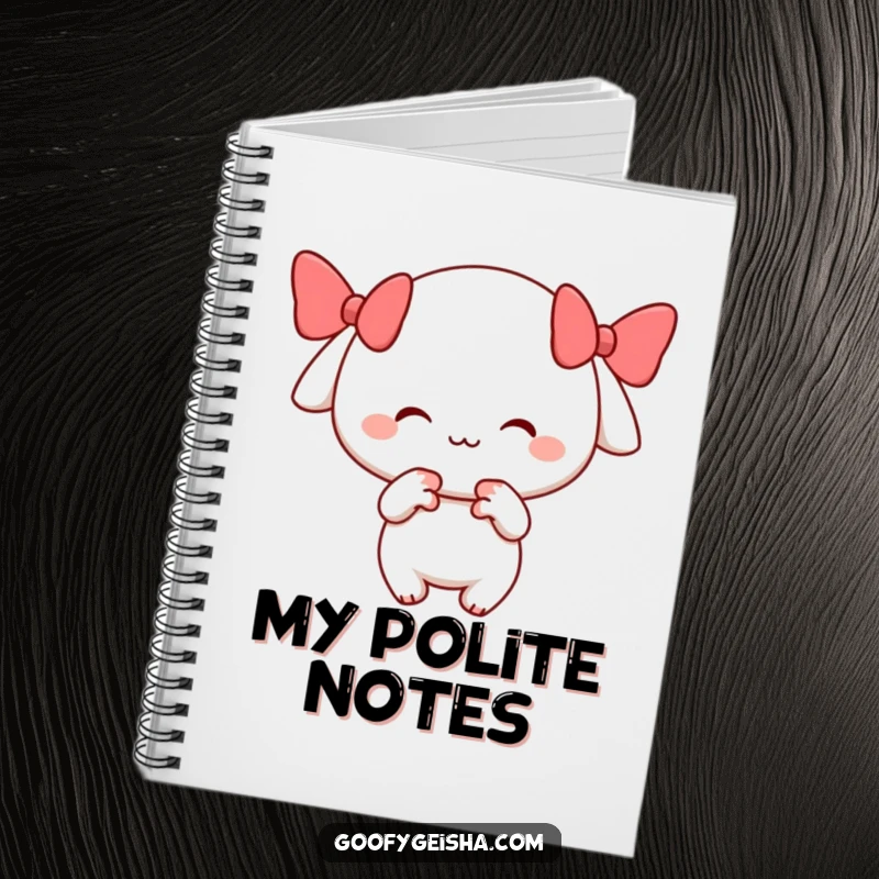 Funny notebook with a cheerful, smiling character performing a playful bow, perfect for jotting down polite notes and ideas.