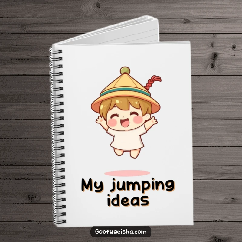 Funny notebook cover with a character wearing a tiny traditional hat, doing a joyful jump. Inspiring and cheerful.