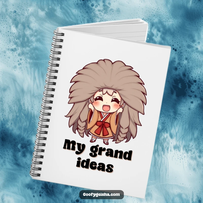 Funny notebook with a character trying on a massive Kabuki wig, ideal for jotting down dramatic ideas, scripts, and theatrical plans humorously.