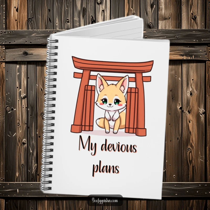 Funny Kitsune Fox Notebook: Featuring a mischievous Kitsune peeking with a grin from behind a Torii gate, perfect for note-taking.