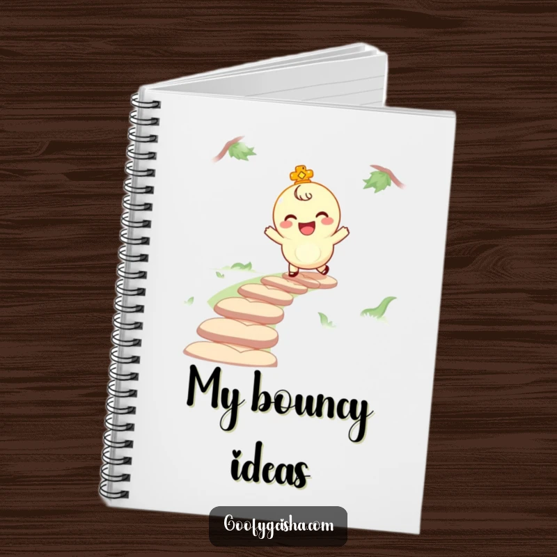 Funny notebook with a giggling lucky charm character bouncing along a path, perfect for journaling, planning, or note-taking with a joyful touch.