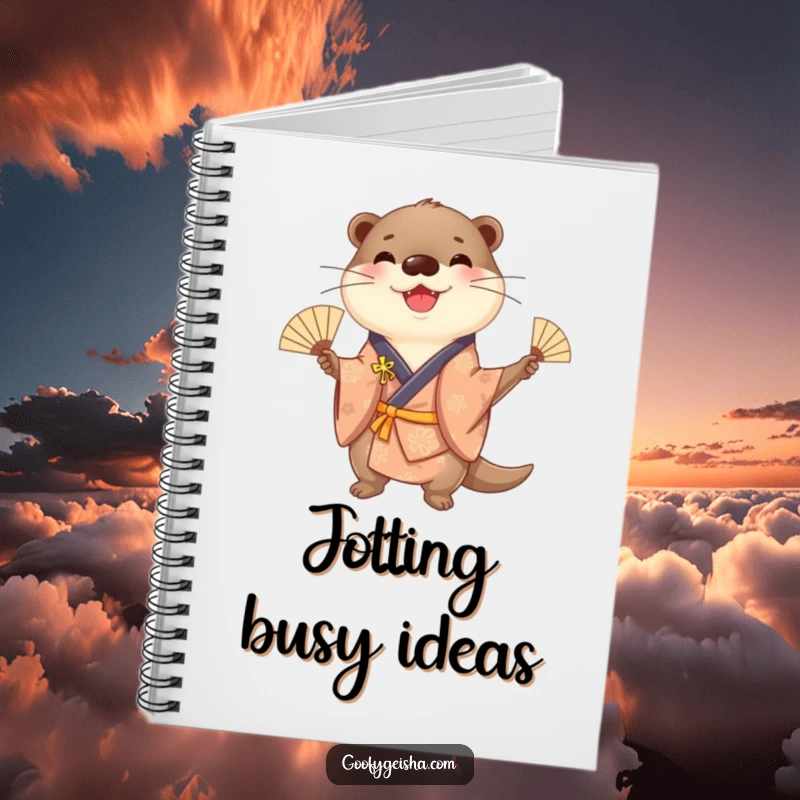 Funny cheerful otter in a kimono, juggling fans, featured on the cover of a notebook for playful ideas.
