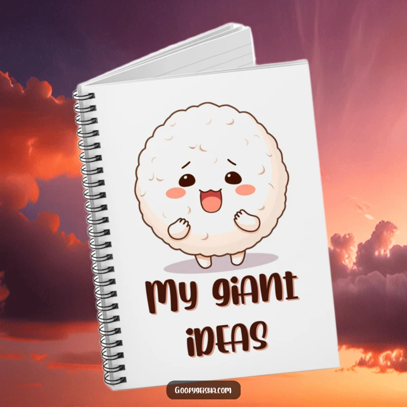 Funny notebook featuring a character with a silly, happy expression holding a large, bouncy rice ball.