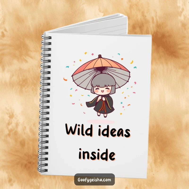 Funny notebook with a stylized Japanese umbrella character spinning and releasing confetti, ideal for notes and plans.