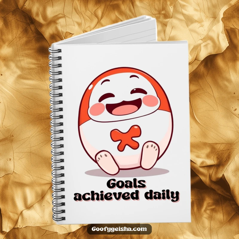 Funny Daruma Doll Notebook featuring a smiling character rolling upright, ideal for planning, goal setting, and motivational journaling.