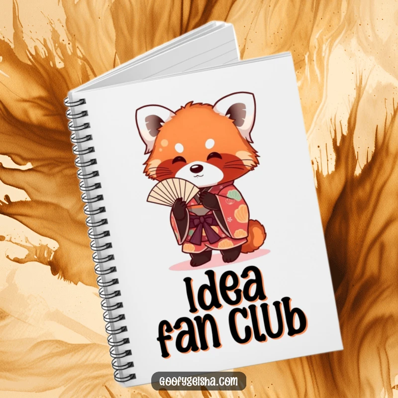 Funny red panda in a kimono, fanning itself elegantly, captured on the cover of a notebook for writing and drawing.