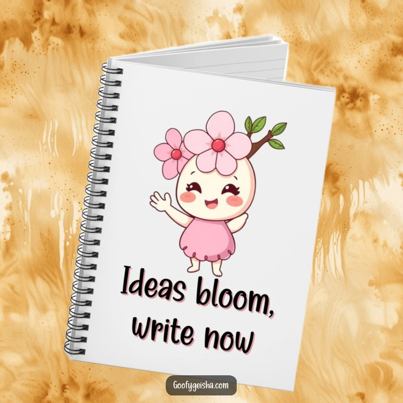 Funny Cherry Blossom Notebook featuring a happy flower character waving hello, perfect for journaling, planning, and creative writing.