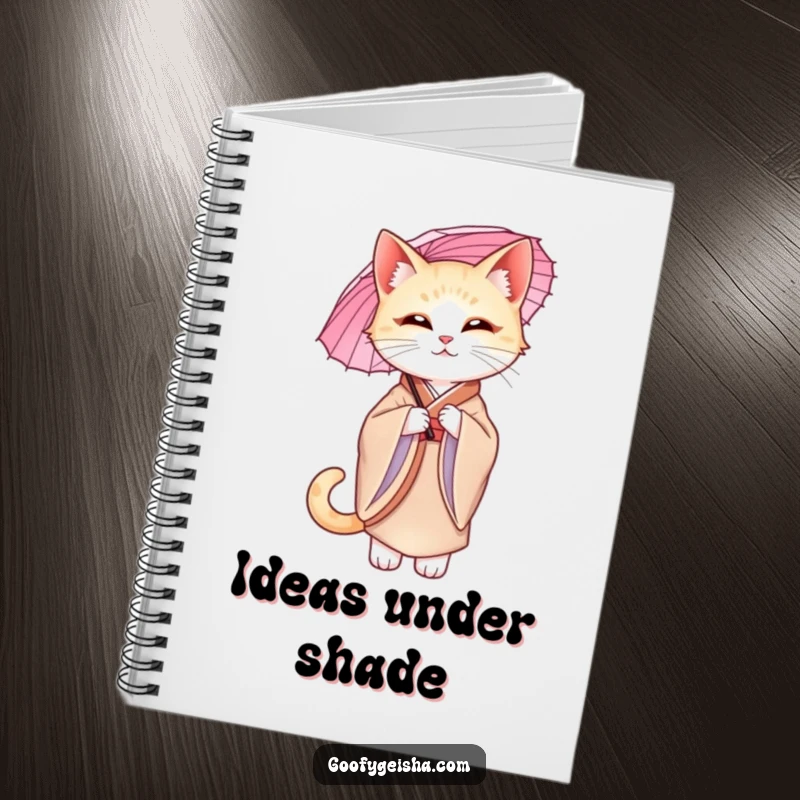 Funny graceful cat in a silk kimono, holding a parasol, featured on the cover of a notebook for elegant writing.
