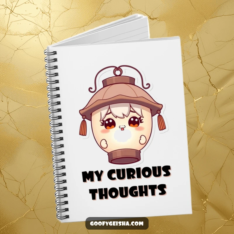 Funny notebook with a character with wide, curious eyes peeking around a large lantern, perfect for jotting down intriguing thoughts.