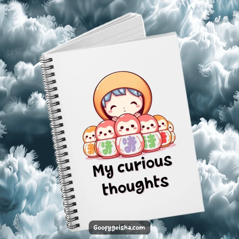 Funny notebook cover with a character peeking curiously from behind colorful daruma dolls. Inspiring and mysterious.