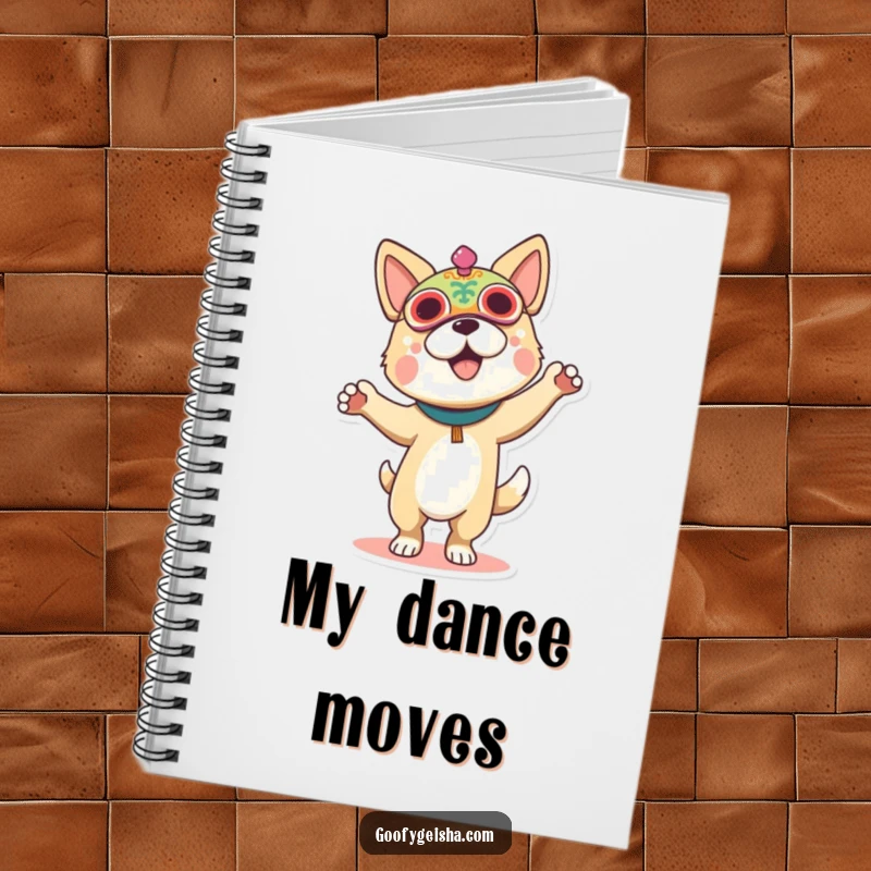 Funny notebook featuring a dog in a festival mask, dancing, great for jotting down notes and ideas with flair.