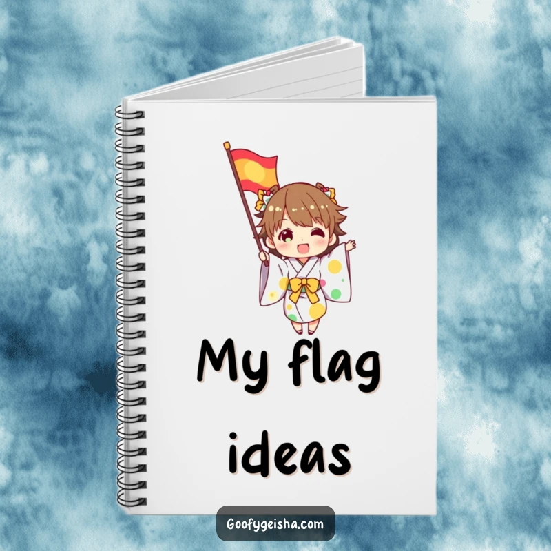 Funny notebook with a character in a kimono excitedly waving a colorful flag, perfect for jotting down celebration plans.