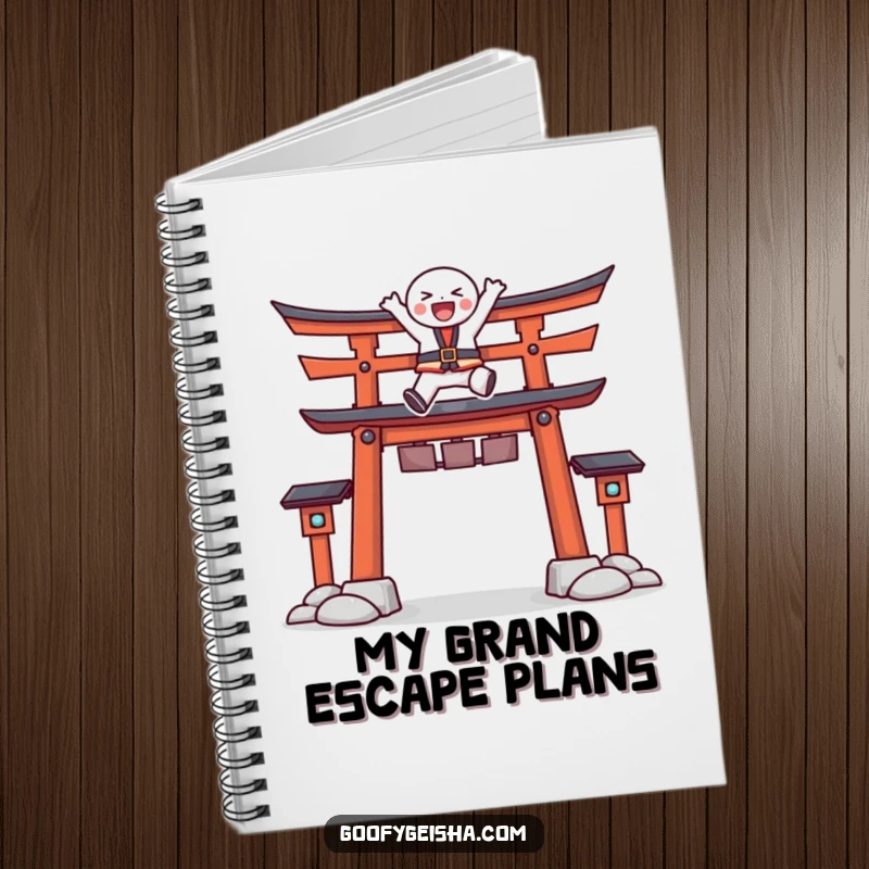 Funny notebook featuring a character joyfully leaping energetically over a stylized Torii gate, ideal for taking notes with inspiration.