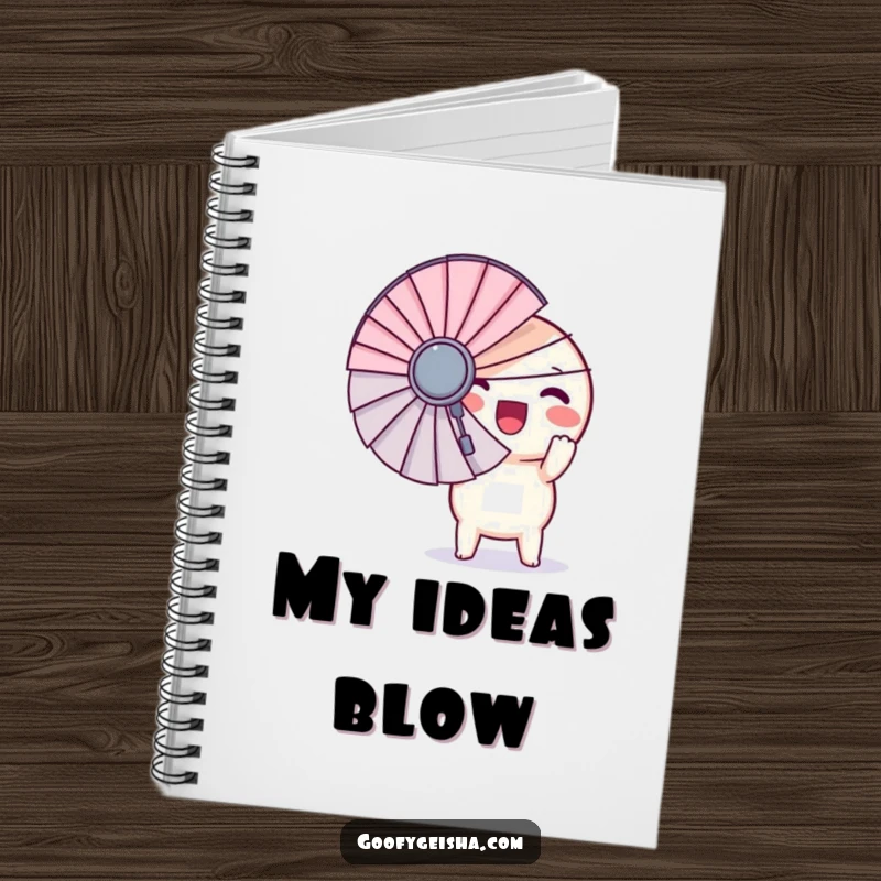 Funny notebook with a round Kawaii character ecstatically holding a giant fan, ideal for notes, doodles, and big ideas.