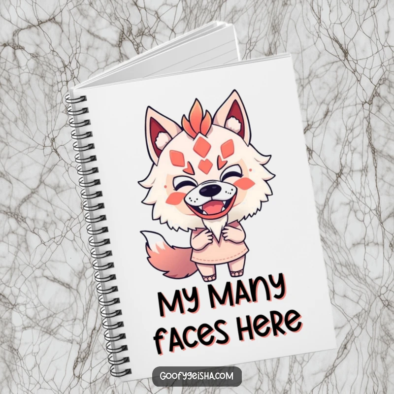 Funny notebook featuring a character fearlessly and playfully mimicking a Kitsune mask, ideal for jotting notes with humor.
