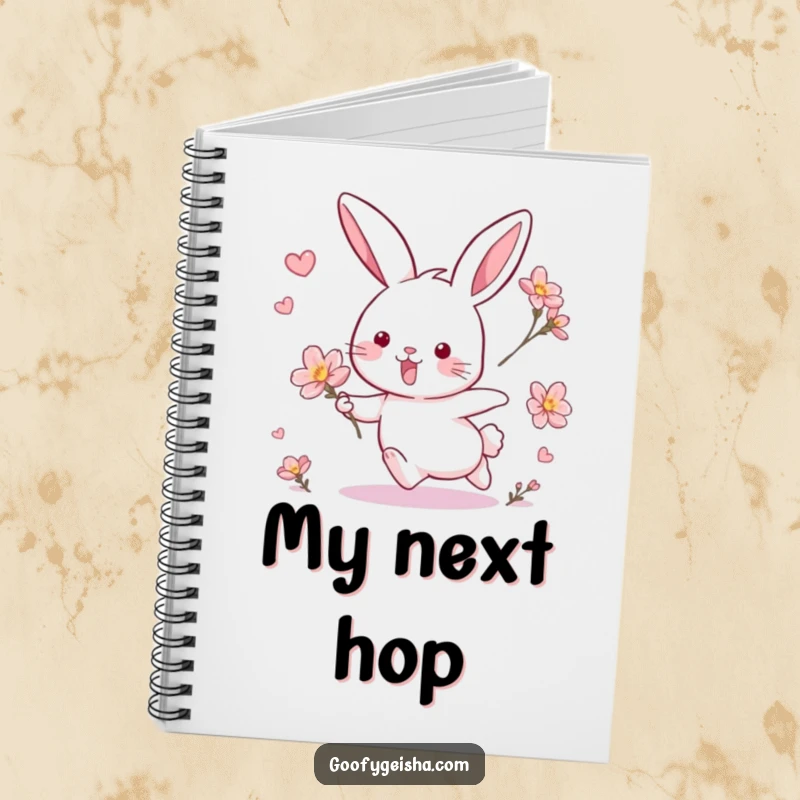 Funny notebook with a rabbit playfully chasing a blossom, designed for capturing notes and inspiring smiles.