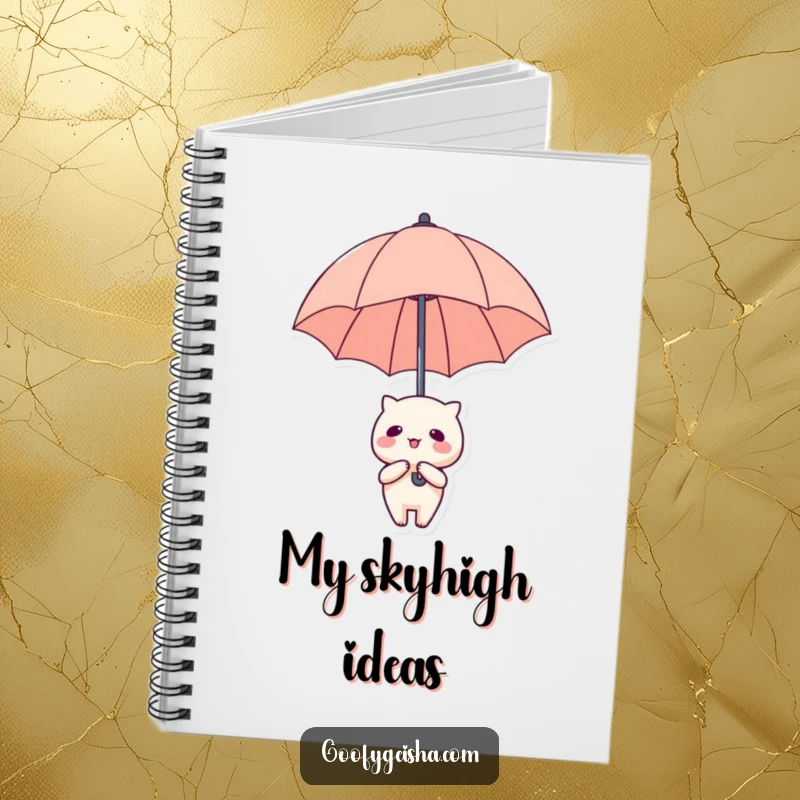 Funny Notebook: A Kawaii character with an oversized umbrella floating upwards, inspiring imagination.