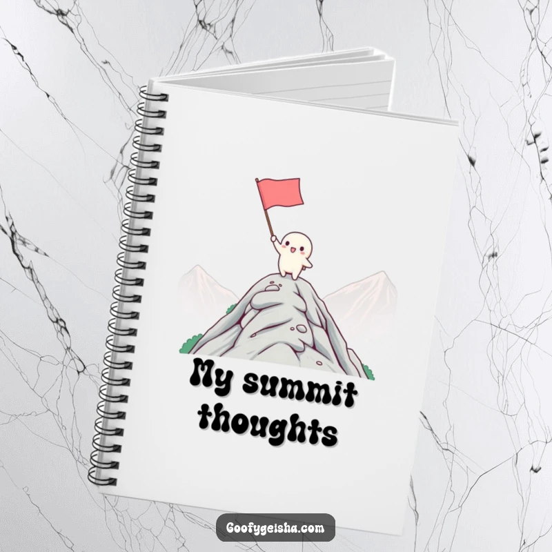 Funny Kawaii Notebook: Character waving flag from mountain peak, inspiring note-taking and success. Great funny gift.