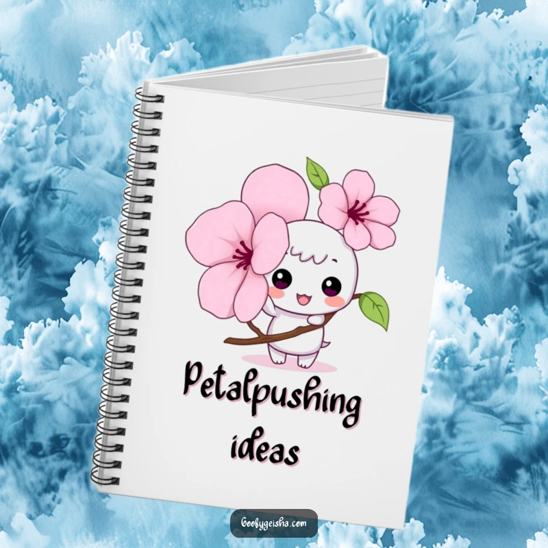 Funny Kawaii notebook cover with a mischievous character tapping a large cherry blossom petal, perfect for journaling and creative notes.