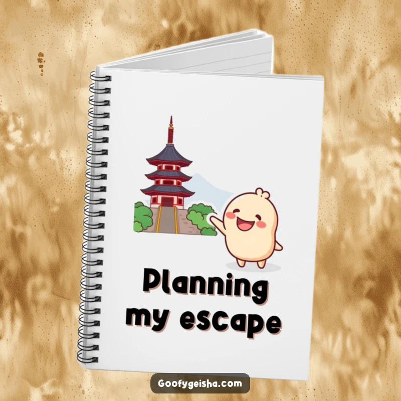 Funny Kawaii Notebook: Grinning character excitedly pointing towards a distant pagoda, ideal for notes, journaling, and keeping funny thoughts organized.