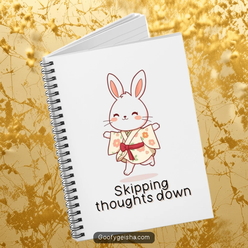 Funny bouncy bunny in a floral kimono, happily skipping, featured on the cover of a notebook for writing and creativity.