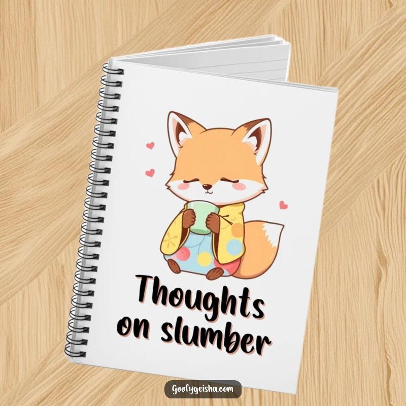 Funny notebook cover featuring a sleepy fox in a colorful kimono dozing off with a teacup, perfect for journaling.