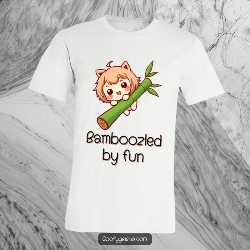 Funny t-shirt depicting a character with a funny face sliding down a bamboo stalk, celebrating playful moments and humor.