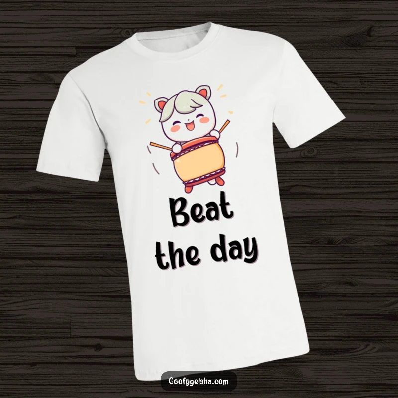 Funny Kawaii character T-shirt energetically playing a Taiko drum with exaggerated motions, celebrating music and fun.