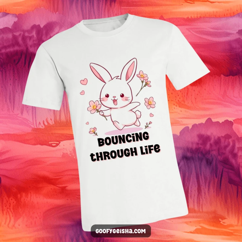 Funny t-shirt showcasing a happy rabbit in energetic pursuit of a whimsical blossom, radiating pure fun.