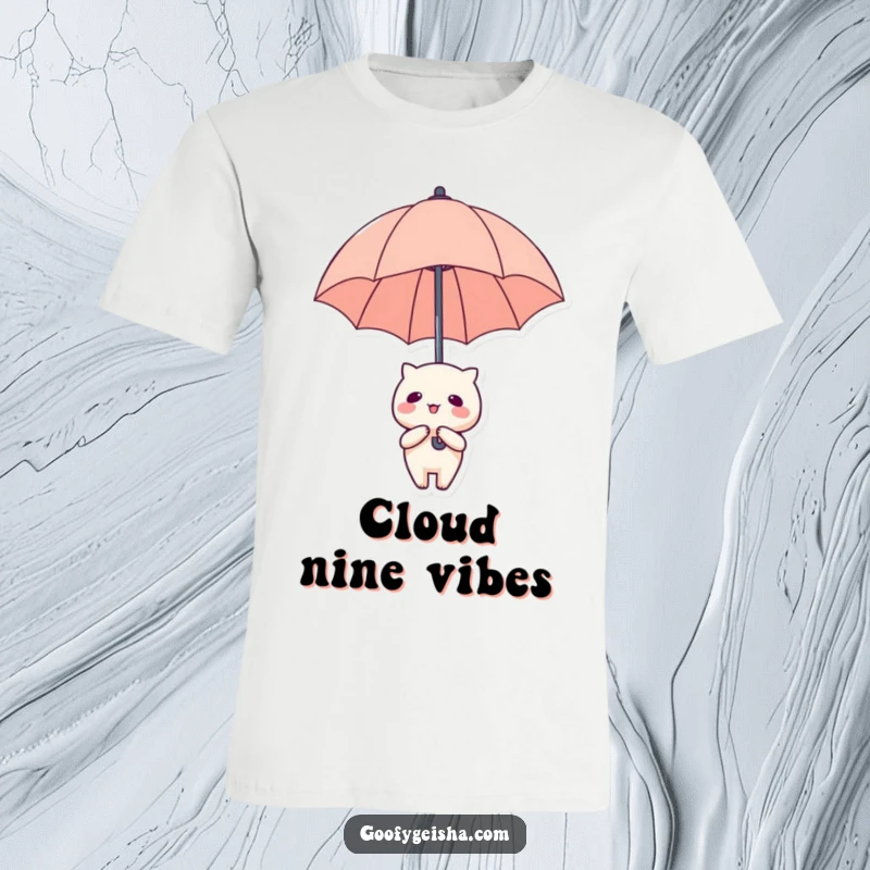 Funny T-Shirt: Adorable Kawaii character with a large umbrella floating upwards, a symbol of lightheartedness.
