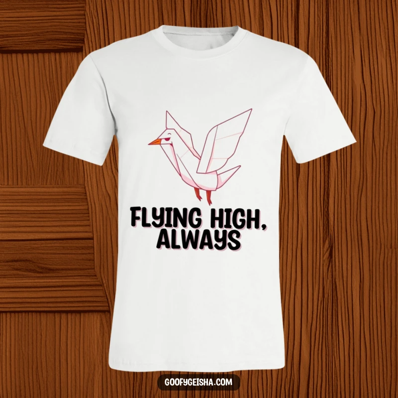 Funny t-shirt showcasing a cute origami crane character gracefully flapping its wings in mid-air, symbolizing freedom and joy.