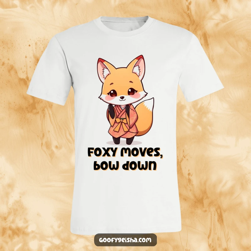 Funny Fox Kimono T-Shirt featuring a cute fox in a small kimono doing a playful bow, symbolizing respect and cuteness.