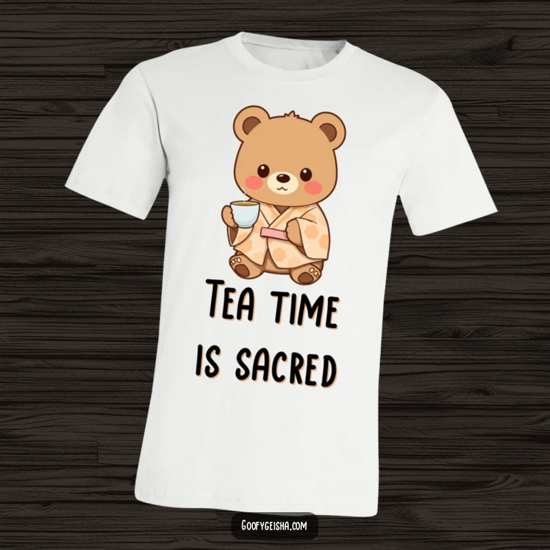 Funny charming bear wearing a patterned kimono, offering a warm cup of tea with a friendly demeanor, ideal for a t-shirt.