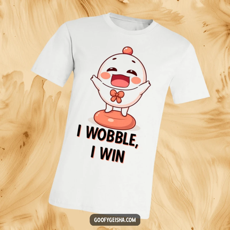 Funny bouncing Daruma doll t-shirt showcasing a tiny, cheerful character in mid-bounce, symbolizing energy and good fortune.