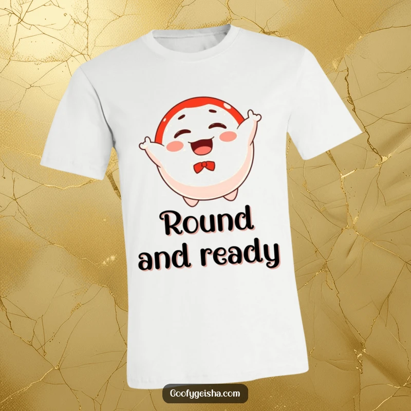 Funny t-shirt depicting a floating Daruma doll character joyfully spinning, conveying a sense of freedom, luck, and playful energy.