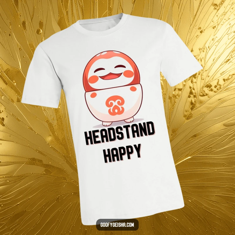 Funny t-shirt depicting a cute Daruma doll standing on its head, sporting a big cheerful grin.