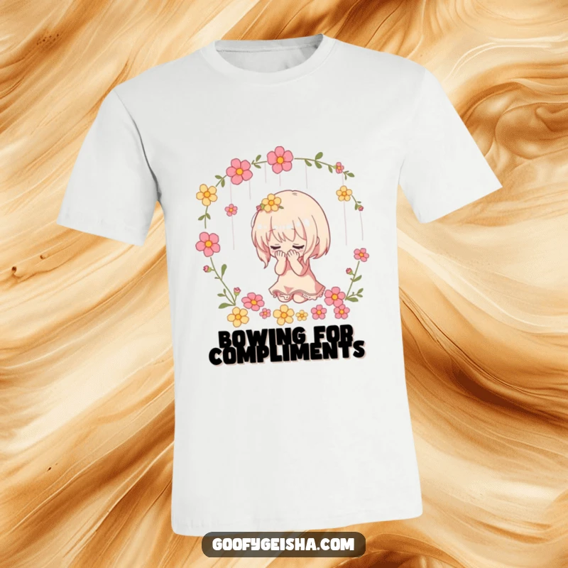 Funny t-shirt featuring a small character dramatically bowing with a beautiful cascade of flowers showering down, showing heartfelt thanks.