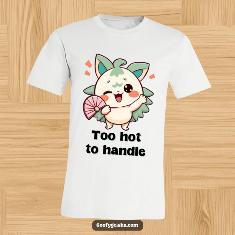 Funny t-shirt print of a character energetically fanning itself with a comical expression. Perfect for hot days.
