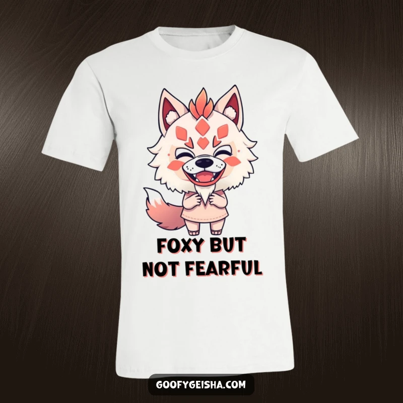 Funny t-shirt featuring a character playfully and fearlessly trying on a Kitsune mask, radiating bold and humorous energy.