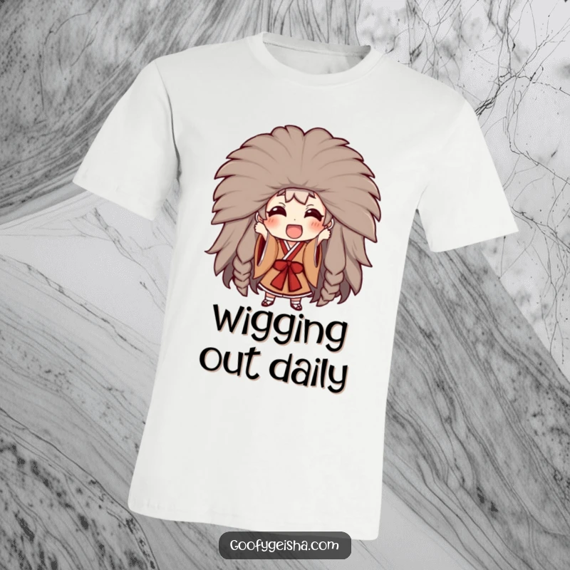 Funny t-shirt depicting a character excitedly attempting to wear a massive Kabuki wig, capturing the spirit of grand performance and humor.