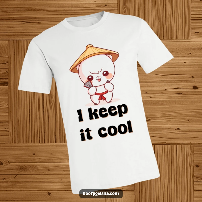 Funny T-shirt displays a cute Kawaii character wearing a traditional Japanese hat, fanning itself playfully.