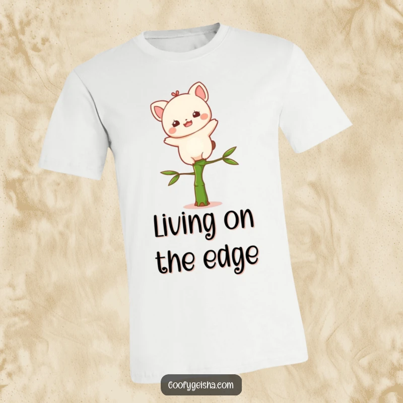 Funny Kawaii t-shirt with a delighted character balancing carefully on a thin bamboo stalk, perfect for humor and unique style.